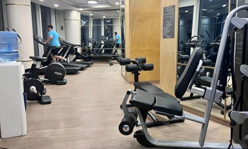 A person in a blue shirt is exercising on a treadmill in a well-lit gym filled with various cardio and strength training equipment, providing an ideal setting for an effective auto draft workout plan.