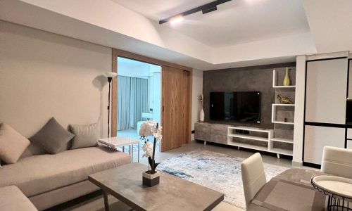 A modern living room with a gray sectional sofa, a coffee table, a TV mounted on the wall, and wooden accent doors. Minimalist decor includes a table lamp, a flower vase, and a light-colored rug.