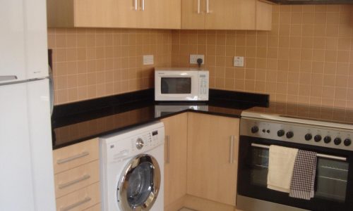 A modern kitchen featuring wooden cabinets, a black countertop, a washing machine, a microwave, a stove with an oven, and a towel hanging on the oven handle.