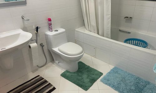 A bathroom with a white toilet, sink, and bathtub. There are three mats on the floor: green, blue, and brown striped. A pink spray bottle is on the toilet tank, and a blue laundry basket is in the bathtub.