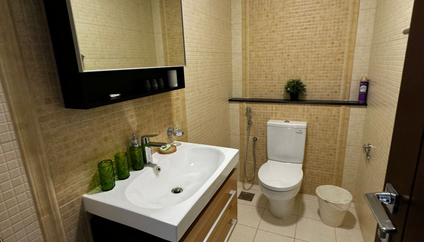 Small bathroom with beige tile walls, a wall-mounted sink and mirror cabinet, green glass cups, a toilet, a bidet shower, a trash bin, and a potted plant on the tank.