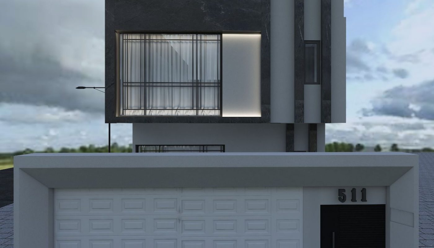 Modern two-story house with large windows, a black and white facade, and a garage with the number 511 on the door under a cloudy sky.