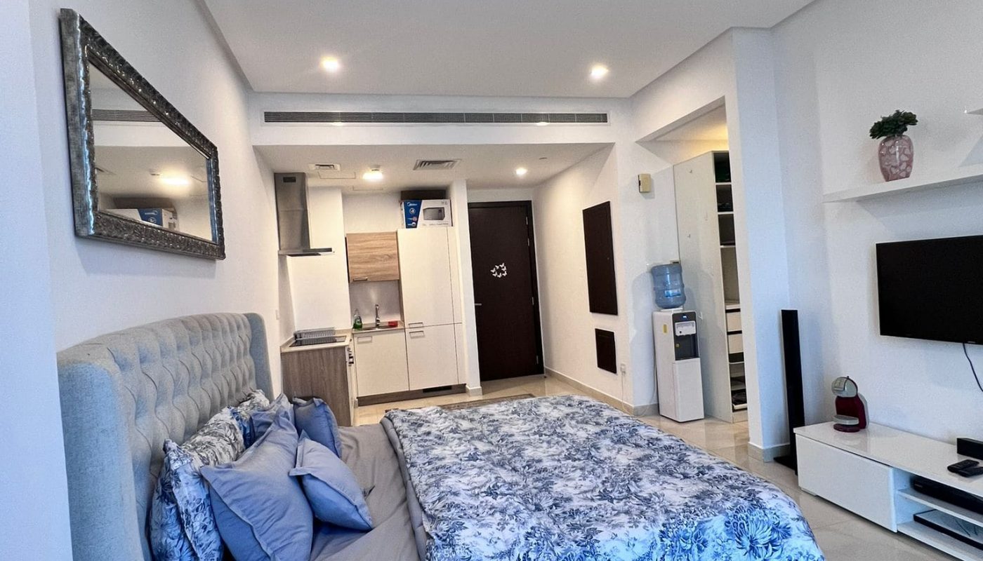 Modern studio apartment with a bed, wall-mounted TV, kitchenette, and door to the corridor. A mirror hangs above the bed, and a small potted plant sits on a shelf.