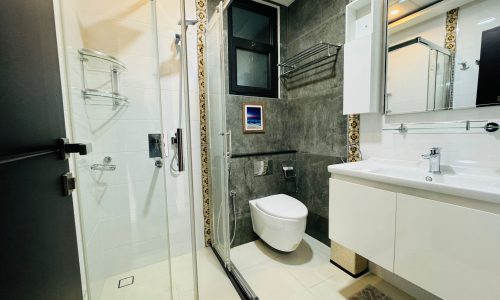 Modern bathroom with glass shower, wall-mounted toilet, white vanity, and large mirror. Dark tiled wall with decorative border tiles, and a small framed picture above the toilet.