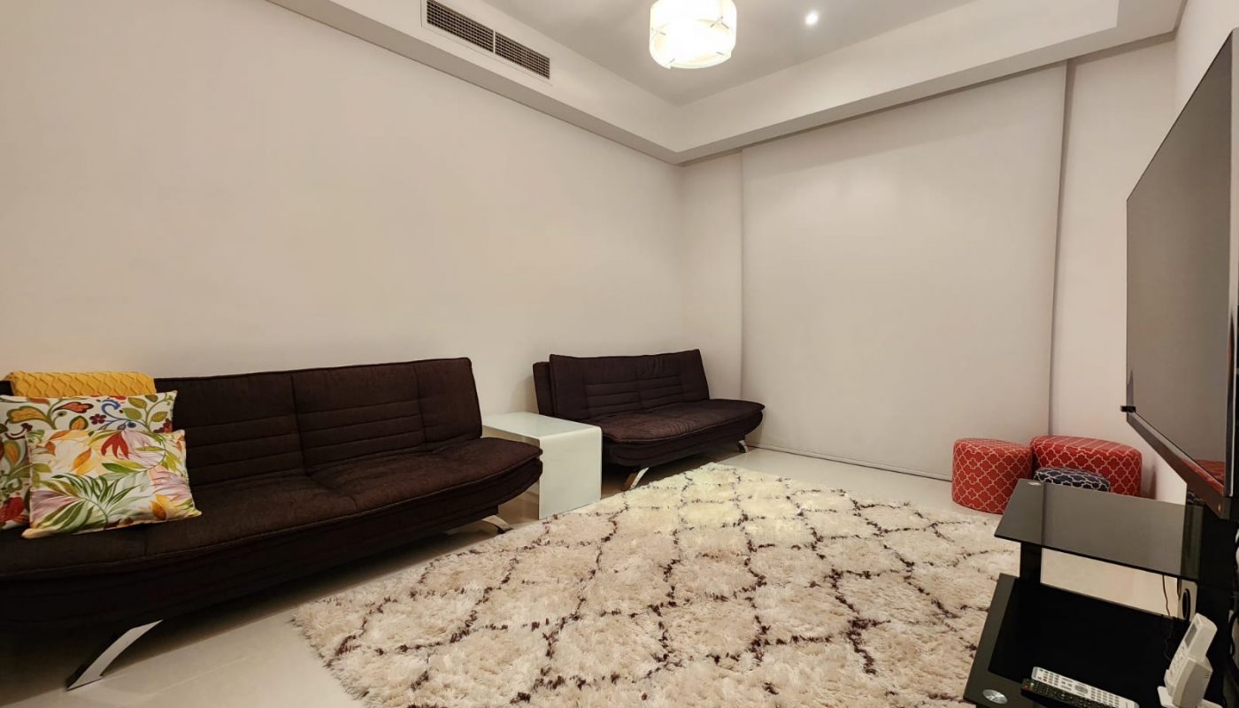 A modern living room with two dark brown futons, a patterned rug, a TV on a stand, two red ottomans, a side table, and a ceiling light. Colorful cushions are on one futon.