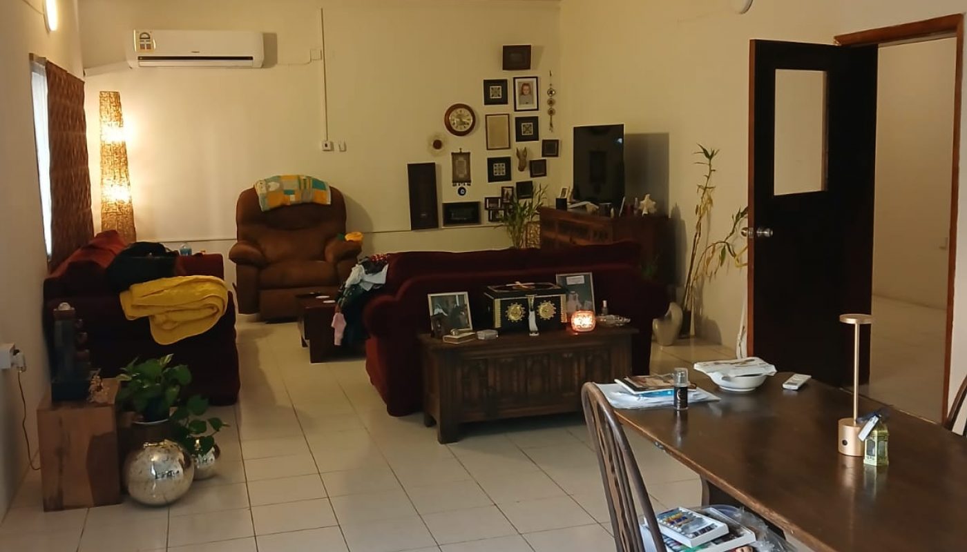 A living room with white tiled floors, brown sofas, a dining table with chairs, a TV, framed photos on the wall, and several plants.