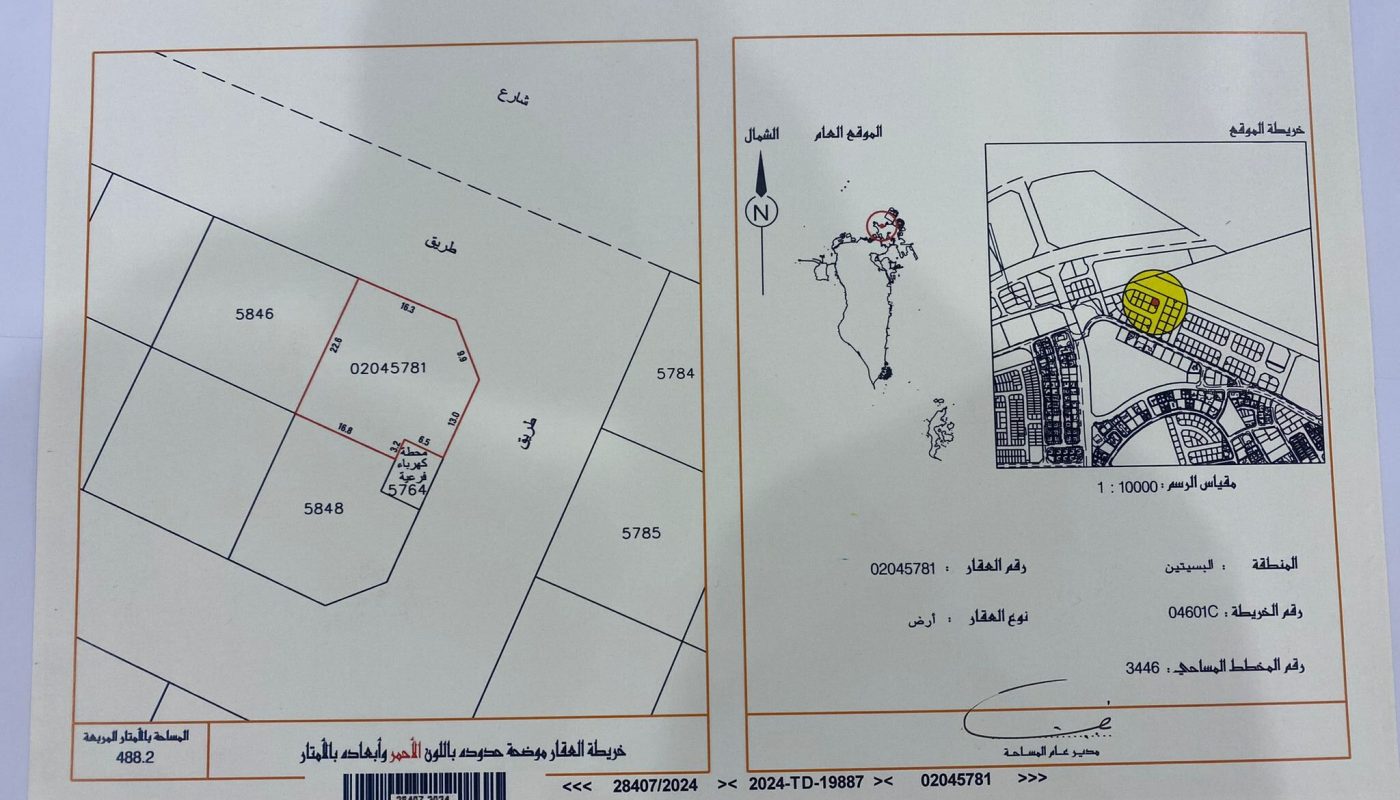 A cadastral map in Arabic showing property plots, boundaries, and coordinates in a grid layout, with a location inset on the right.