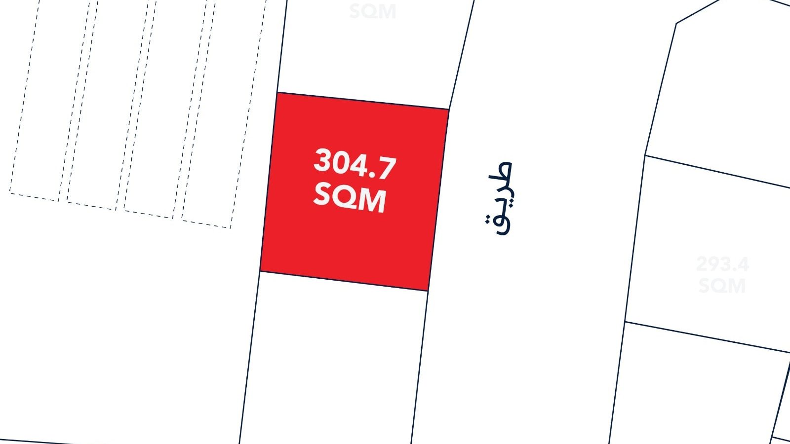 A site map highlights a 304.7 square meter plot in red; adjacent plots and a road labeled "طريق" are shown in black and white.