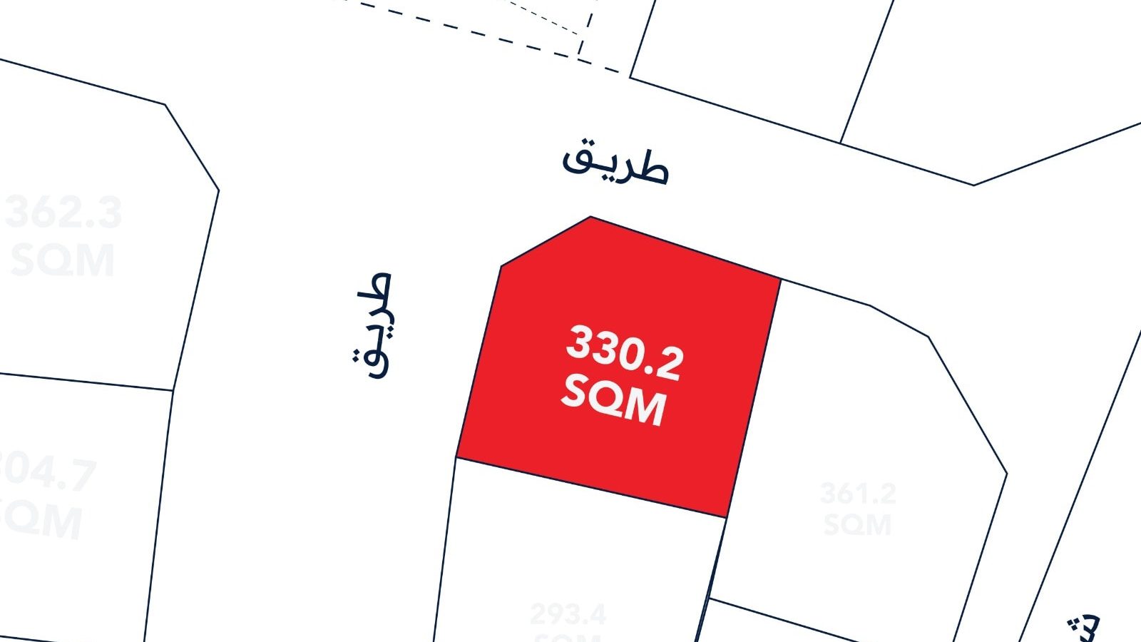 A map showing a highlighted red plot labeled "330.2 SQM" at the intersection of two streets, with neighboring plots and area measurements in light gray.