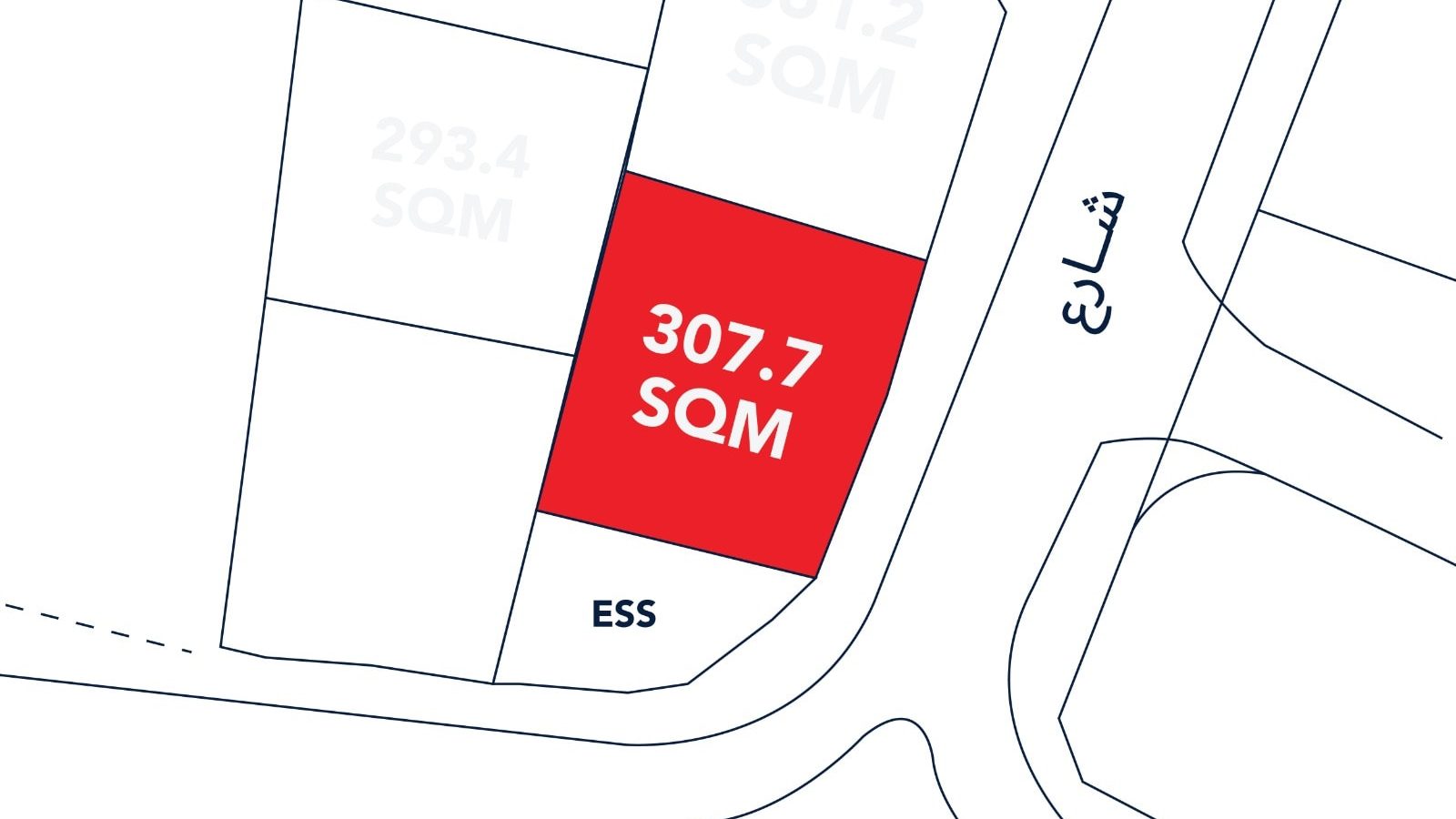 A map highlights a 307.7 sqm plot in red, positioned between two other plots labeled 293.4 sqm and 361.2 sqm, near a road marked "شارع.