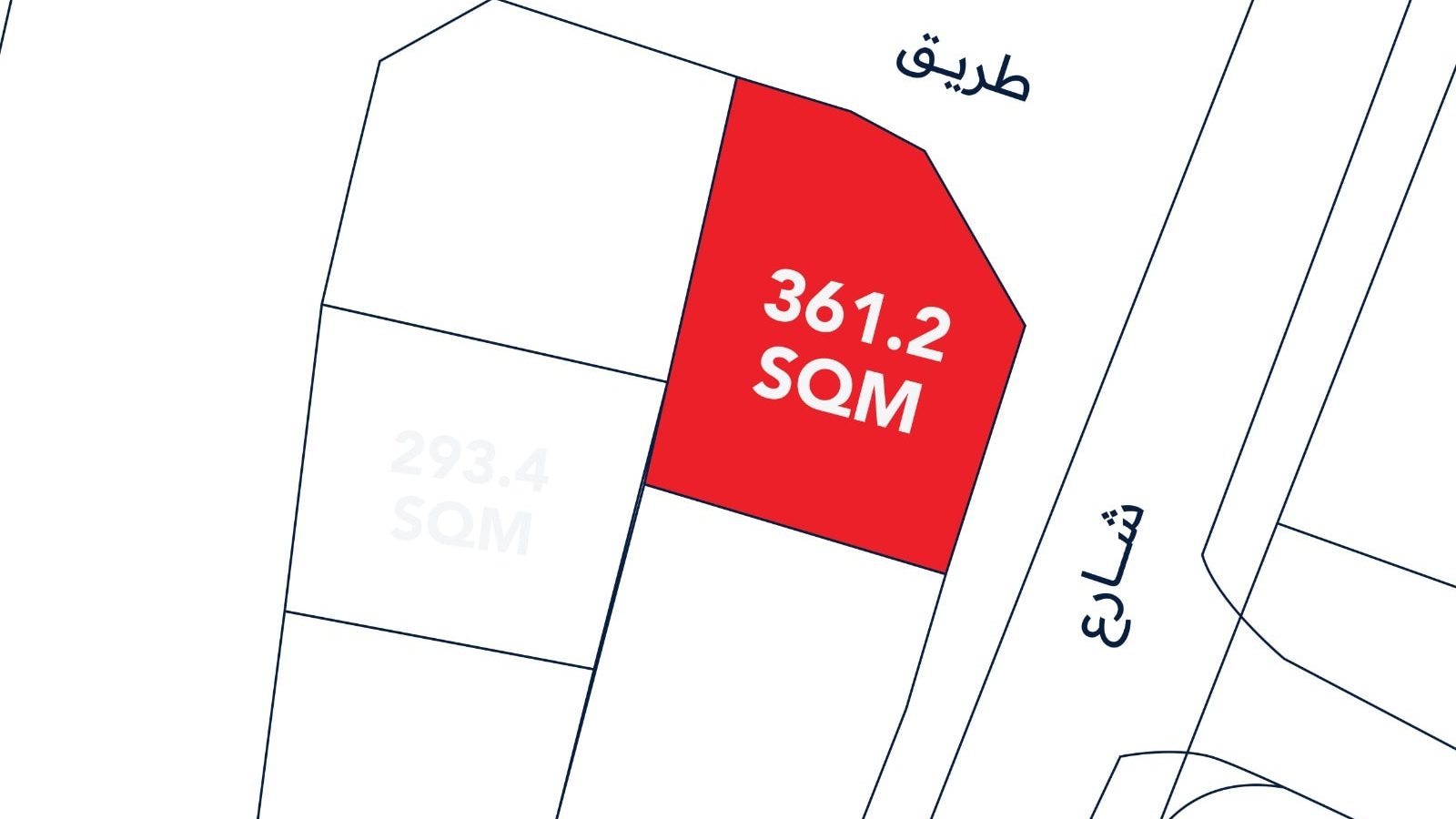 A map highlights a plot measuring 361.2 SQM in red, bordered by streets labeled in Arabic. Neighboring plots and roads are outlined in black.