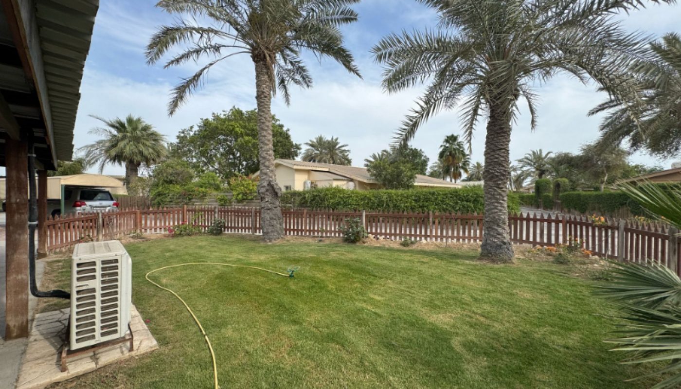 A backyard with green grass, two tall palm trees, a garden hose, an air conditioning unit, and a wooden fence under a partly cloudy sky.