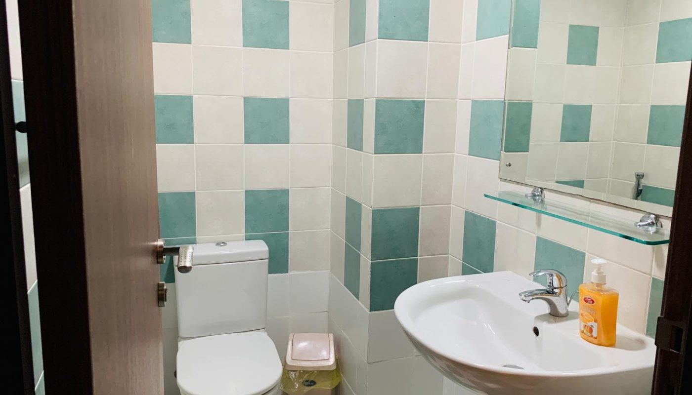 A small bathroom with green and white tiles, a toilet, a pedestal sink with liquid soap, a wall mirror, and a small trash bin.