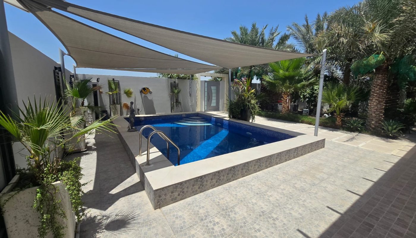 Rectangular outdoor swimming pool with a shade canopy, surrounded by potted plants, palm trees, and tiled flooring under a clear blue sky.