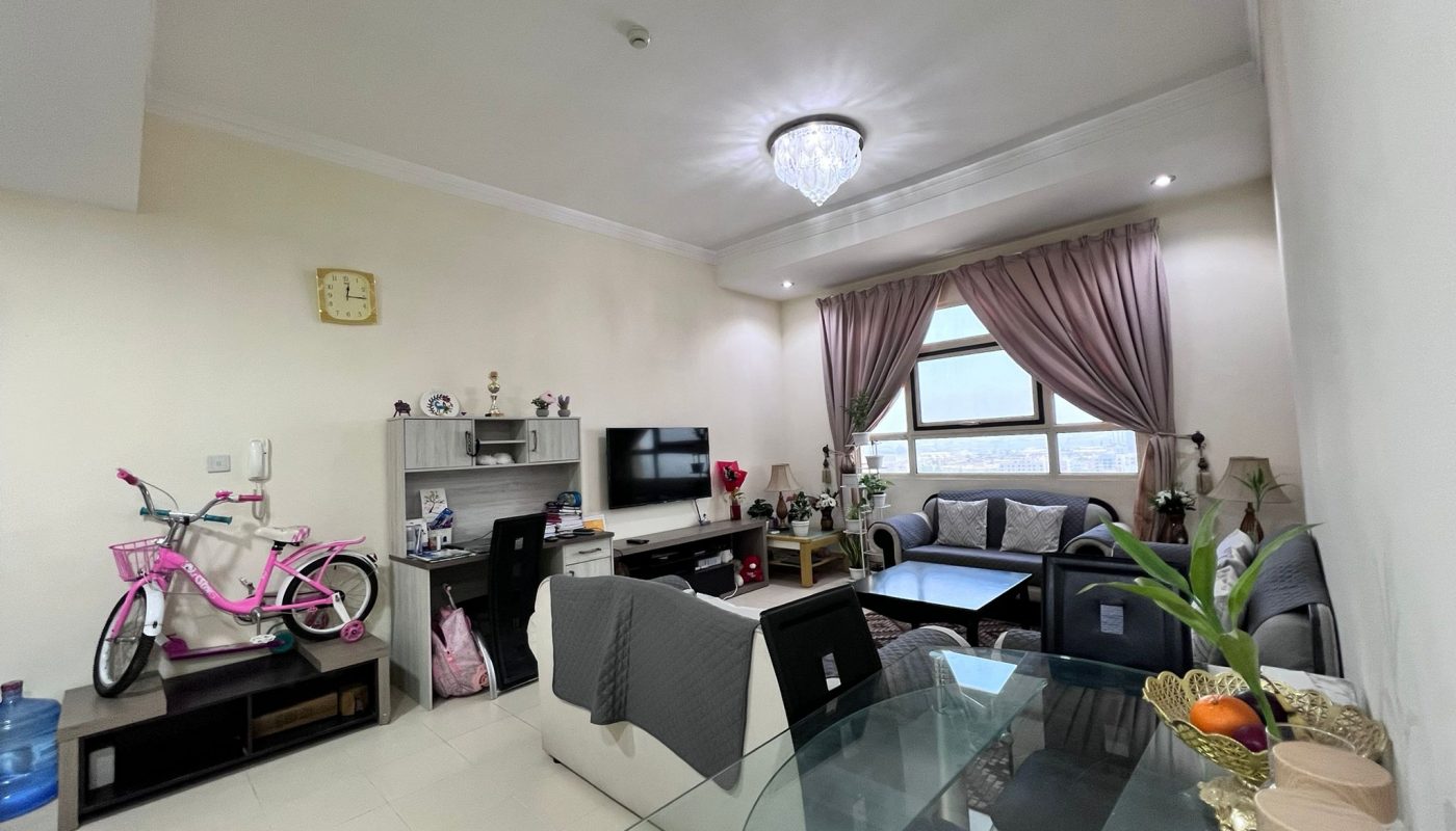 A tidy living room with a sofa, TV, shelves, dining table, and a pink bicycle against the wall. A large window with curtains lets in natural light.