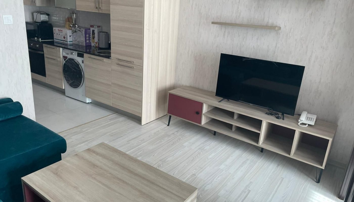 Modern living room with a flat-screen TV on a wooden stand, teal sofa, coffee table, and open kitchen area featuring appliances and light wood cabinets.