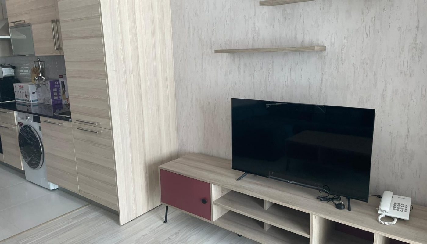 Modern living room with light wood furniture, a flat-screen TV on a TV stand, wall shelves above, and a kitchen area with cabinets and a washing machine visible on the left.