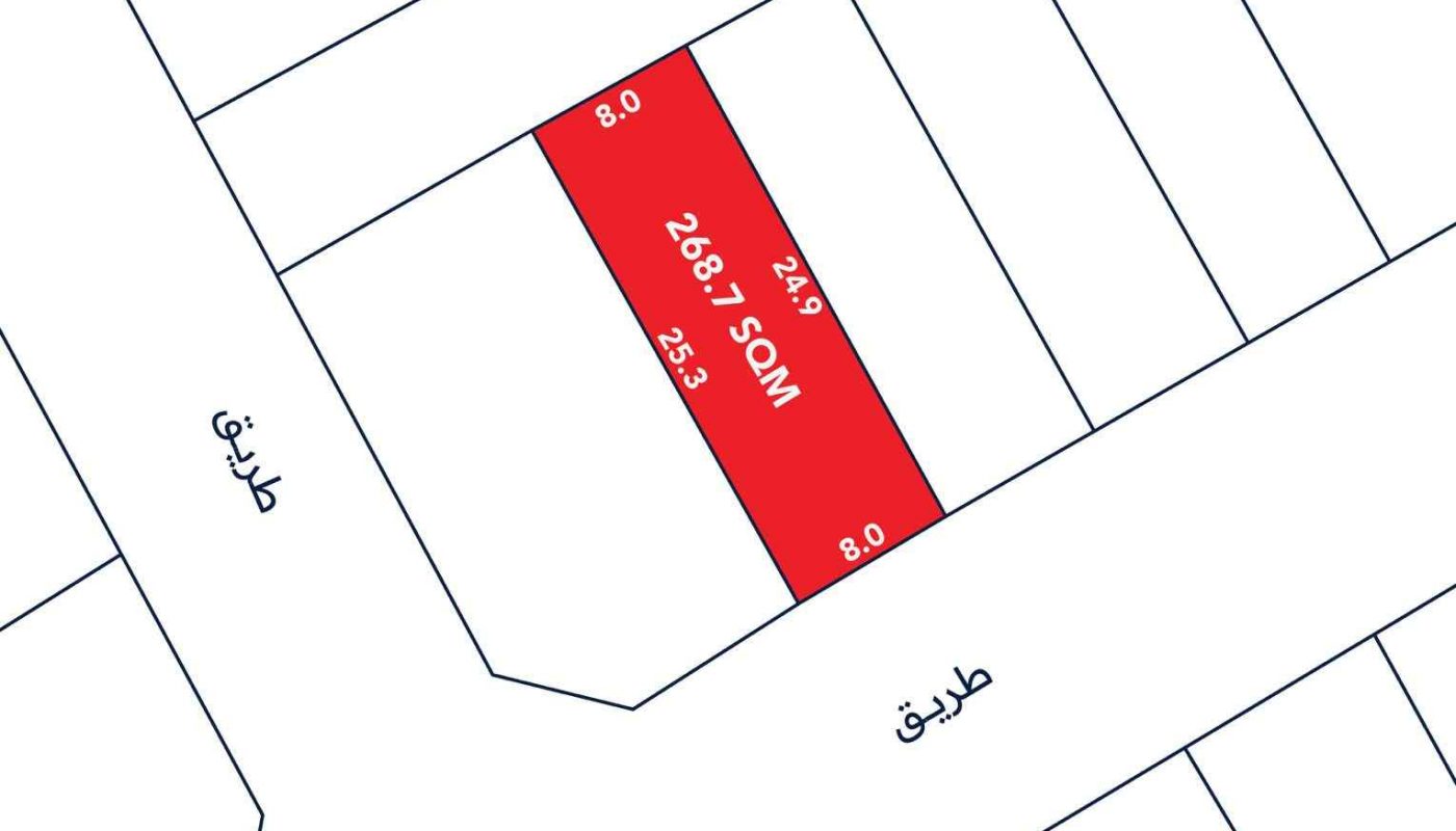 A rectangular plot is highlighted in red on a street map, labeled "268.7 SQM" with dimensions 8.0m by 25.3m. Streets labeled "شارع" and "طريق" border the plot.