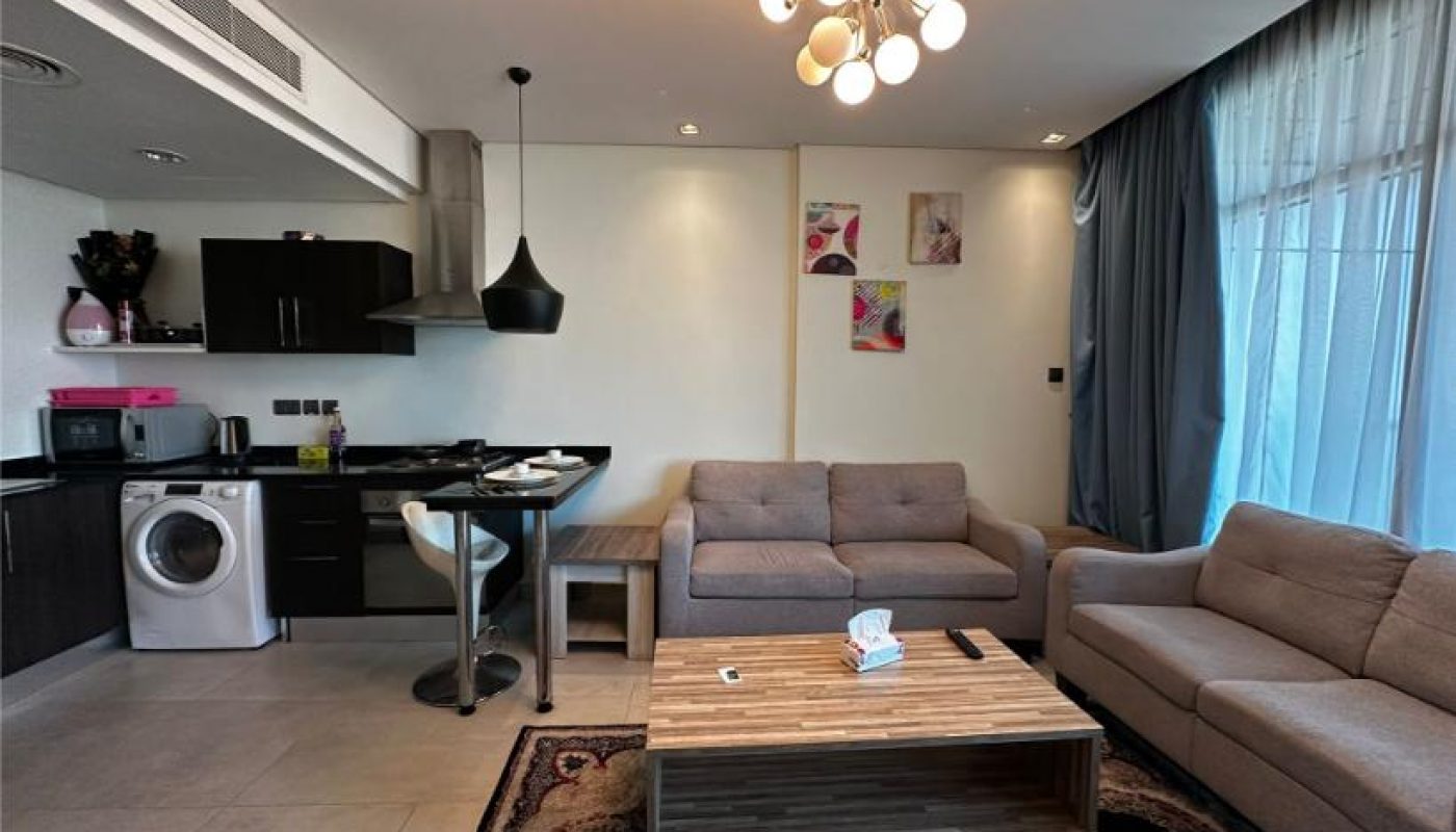 Modern living room and kitchen area with two sofas, a coffee table, a rug, wall art, and kitchen appliances including a washing machine, microwave, and stove.