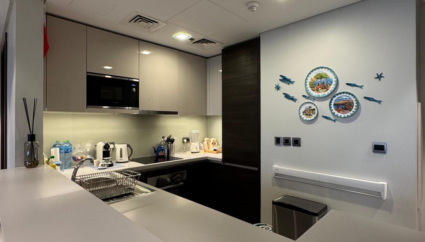 Modern kitchen with gray cabinets, countertop appliances, and wall-mounted decorative plates on a white wall. Ceiling lights and a black microwave are visible.