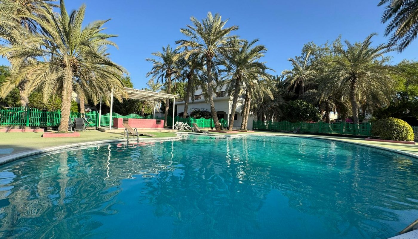 A round outdoor swimming pool surrounded by palm trees and green fencing, with clear blue water and a shaded seating area in the background.