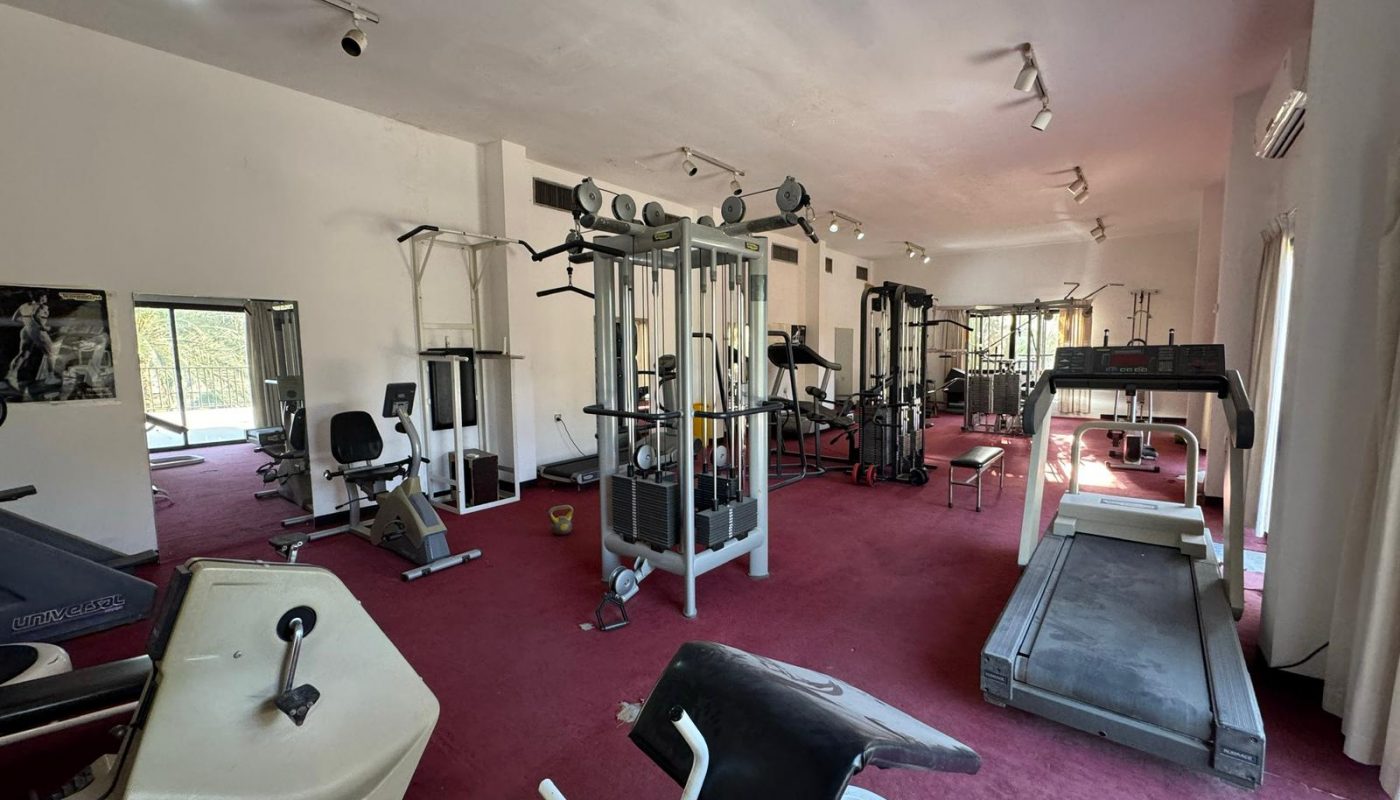Spacious gym room with red carpet, various exercise machines including treadmills, weight equipment, and benches, and natural light from large windows.