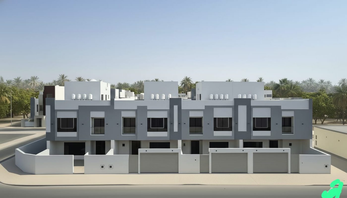 A row of modern, two-story townhouses with flat roofs, large windows, and attached garages, set along a wide street with trees in the background under a clear sky.