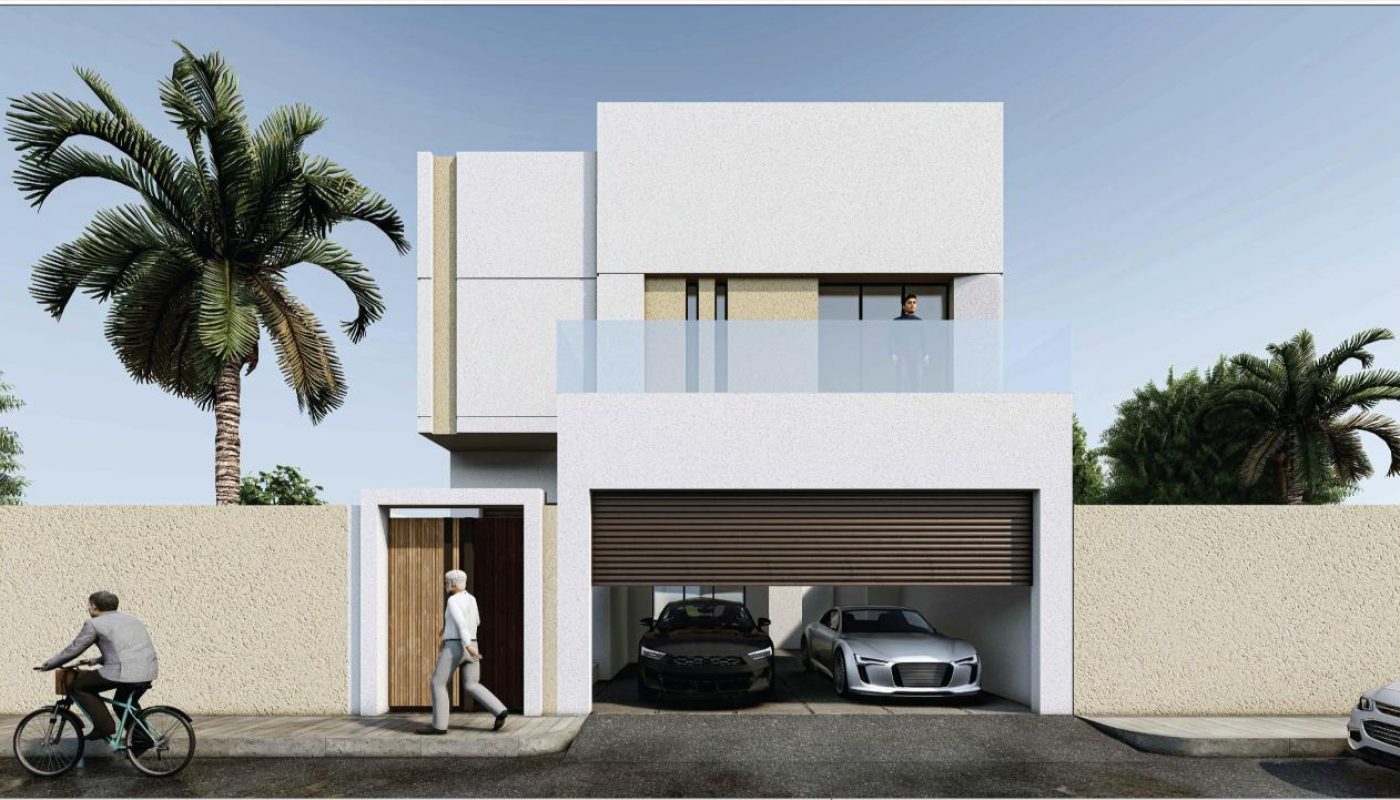 Modern two-story house with a flat roof, balcony, and a two-car garage. A person walks near the entrance, another cycles by, and two cars are parked inside the garage.