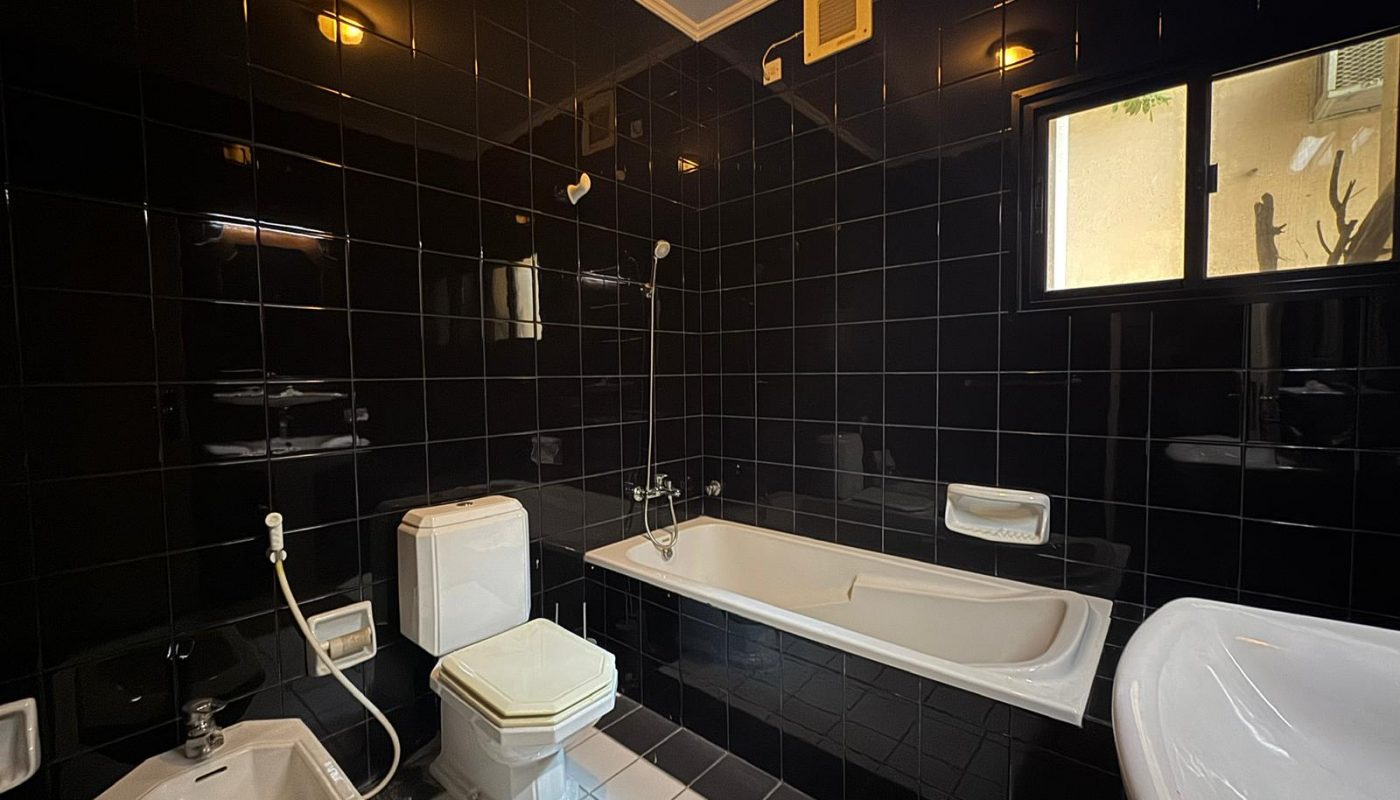 A bathroom with black tiled walls, a white bathtub, toilet, bidet, washbasin, handheld shower, and a window.