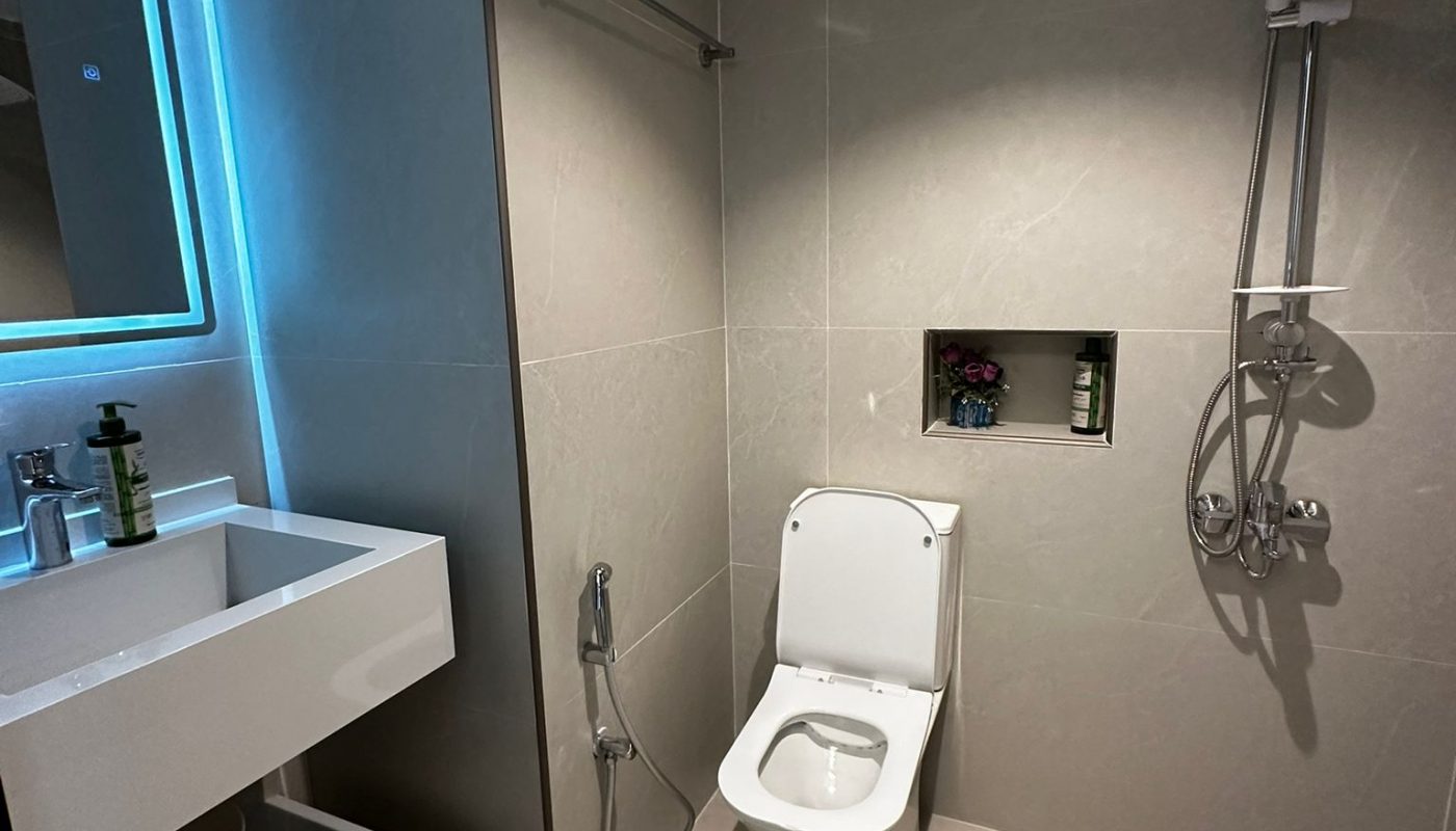 Modern bathroom with a wall-mounted sink, toilet, handheld bidet, recessed shelf, and a walk-in shower with a rain showerhead.