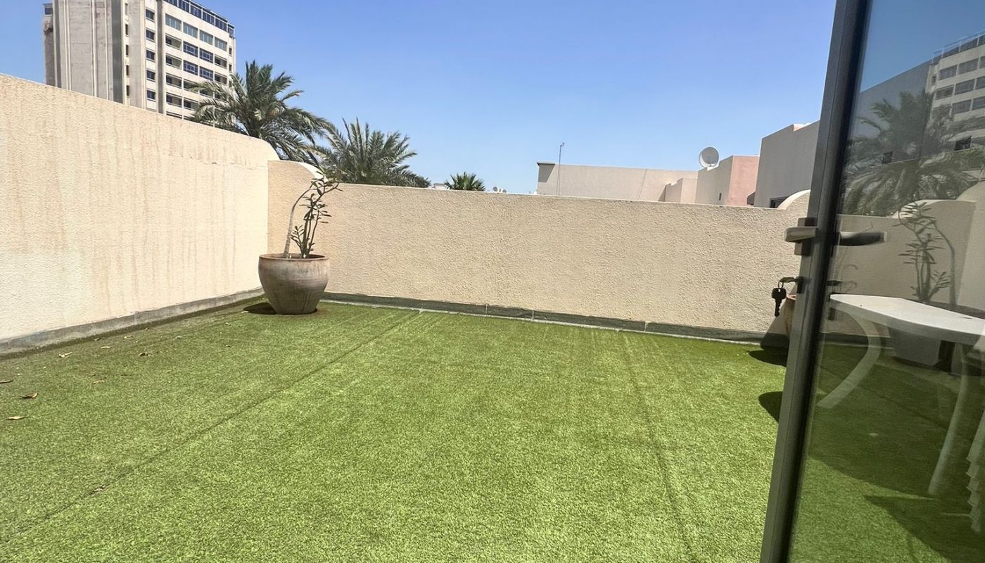 An open glass door leads to a terrace with artificial grass, potted plants, and surrounding walls; clear blue sky and buildings are visible in the background.
