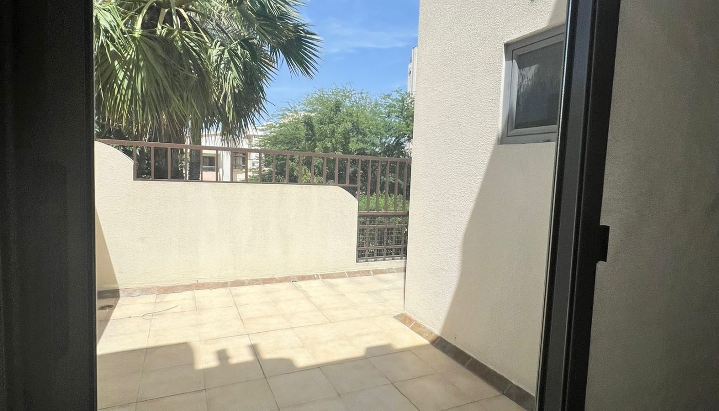 A tiled balcony with beige walls and a metal railing is seen through a glass door. There is a large palm tree and some greenery in the background under a blue sky.
