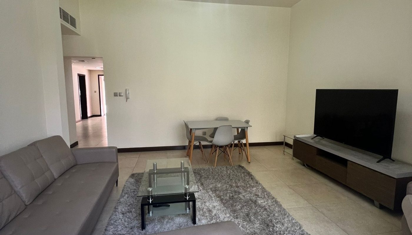 Modern living room with a gray sectional sofa, glass coffee table, shaggy rug, TV on a stand, and a small dining table with four chairs against a plain wall.