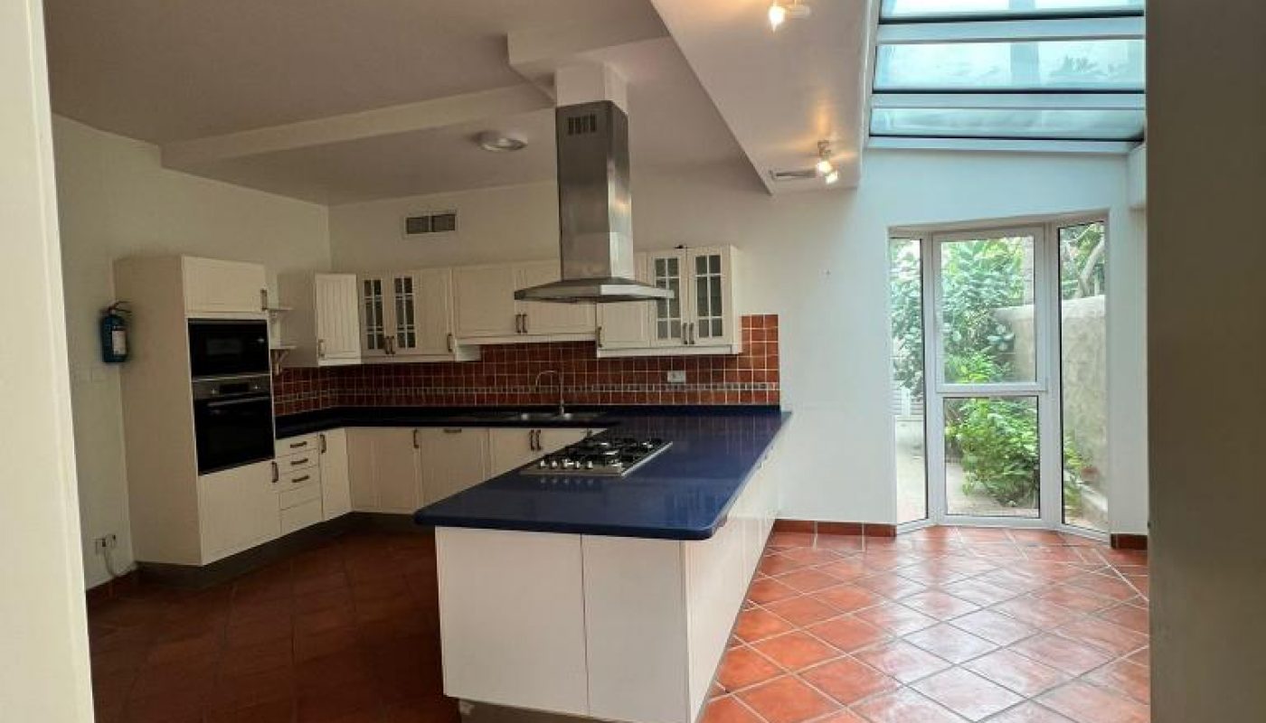 Modern kitchen with terracotta tile floor, white cabinets, a central island with cooktop, large skylight, and glass doors opening to a garden.