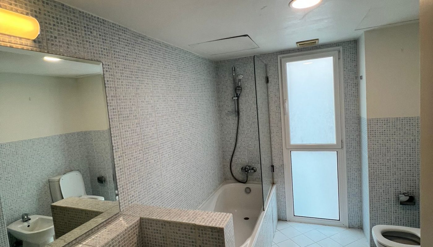 Bathroom with a bathtub, wall-mounted shower, sink, toilet, bidet, large mirror, tiled walls, and a frosted glass door letting in natural light.