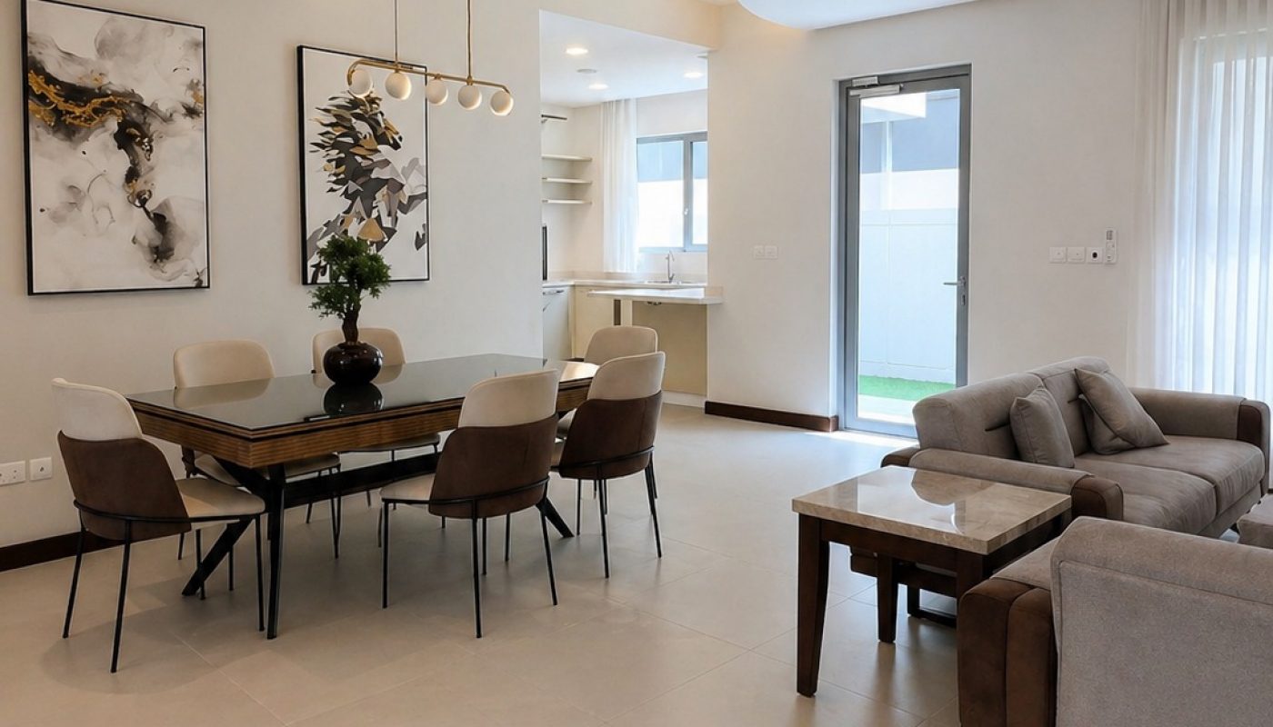 Modern open-plan living and dining area with neutral tones, a dining table with six chairs, abstract wall art, pendant lighting, and a gray sofa near a coffee table.