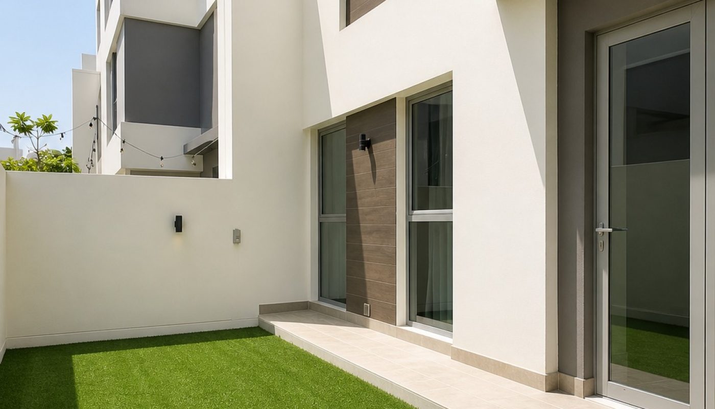 Modern townhouse with large windows, sliding glass door, and a small enclosed yard with artificial grass. White walls and minimalistic design under clear sky.