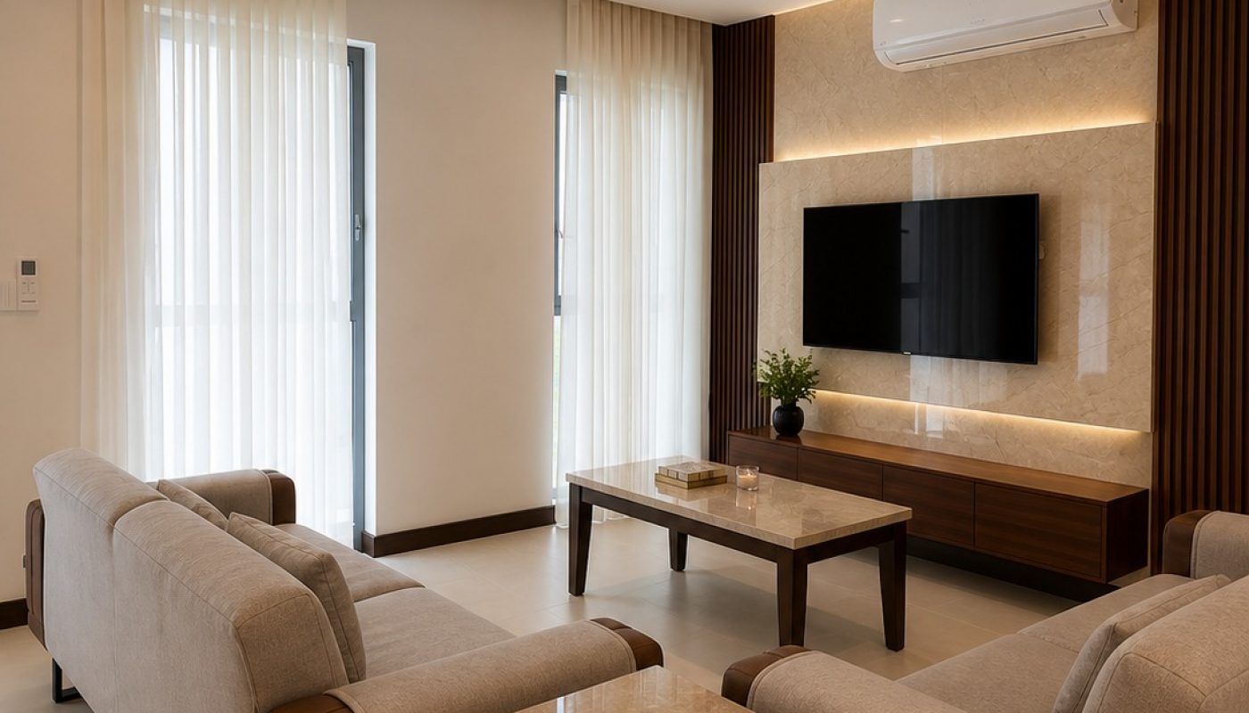 Modern living room with beige sofas, marble-topped tables, wall-mounted TV, wooden accents, large windows with sheer curtains, and ceiling lighting.