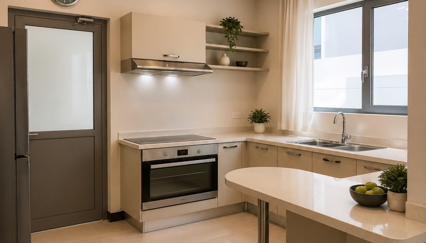 Modern kitchen with beige cabinets, built-in oven, under-cabinet range hood, countertop plants, a bowl of fruit, large window, and overhead lighting.