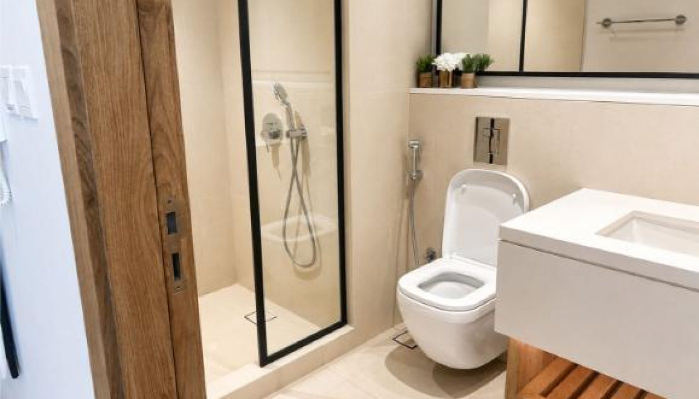 Modern bathroom with a glass-enclosed shower, wall-mounted toilet, white sink, large mirror, and small potted plants on the counter.