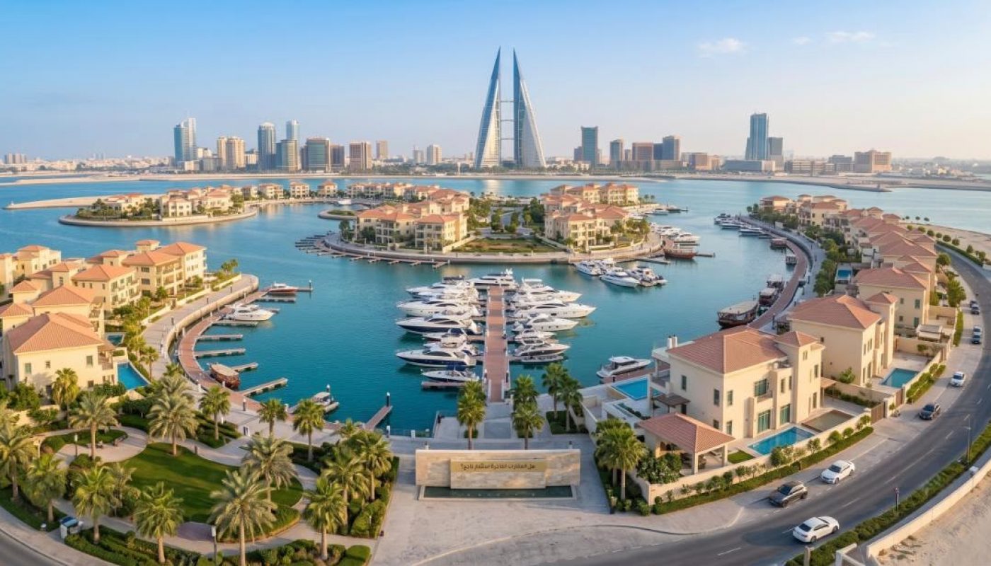 Aerial view of a marina with yachts, surrounded by waterfront villas, palm trees, and modern skyscrapers in the background under a clear blue sky.
