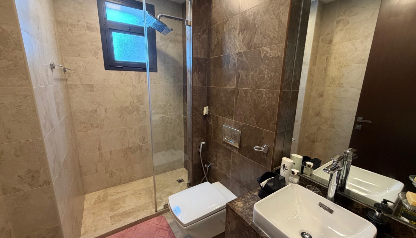 Modern bathroom with a glass-enclosed shower, wall-mounted toilet, large sink, and marble walls; pink bath mat on the floor.