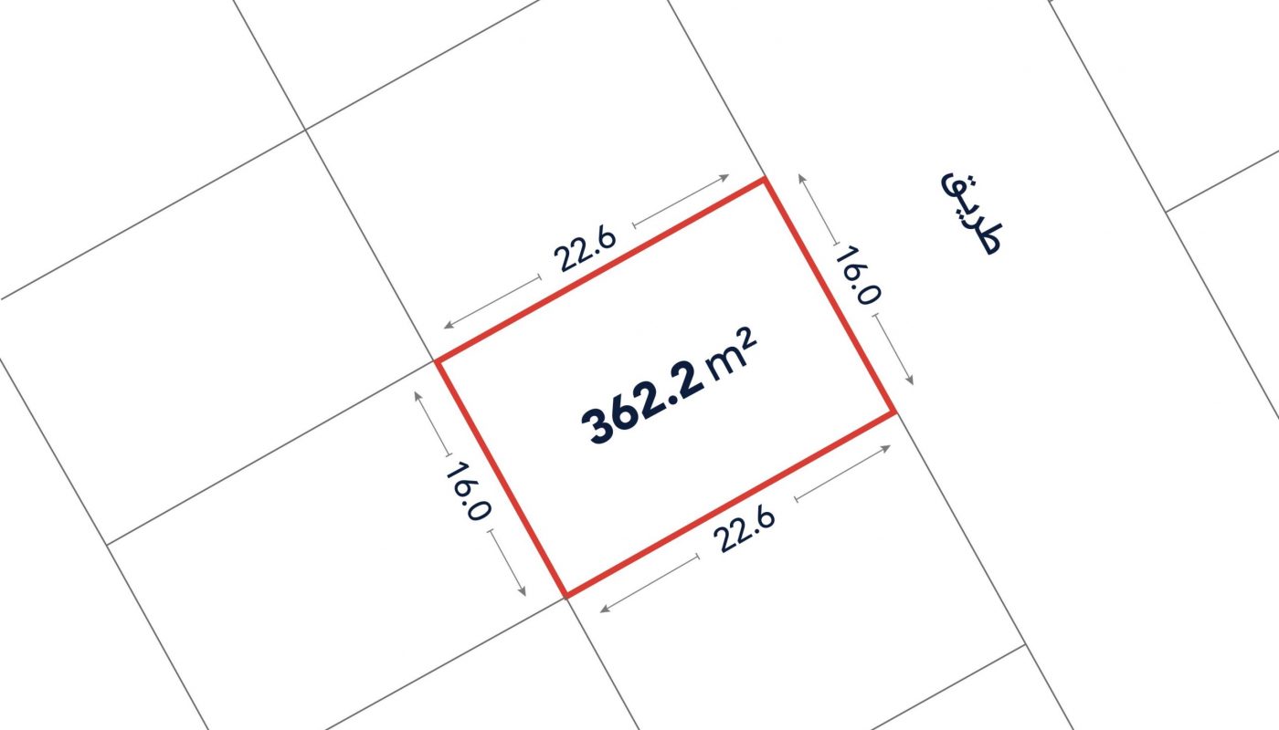A rectangular plot outlined in red, labeled 362.2 m², with side lengths of 22.6 m and 16 m; adjacent to a street labeled in Arabic.