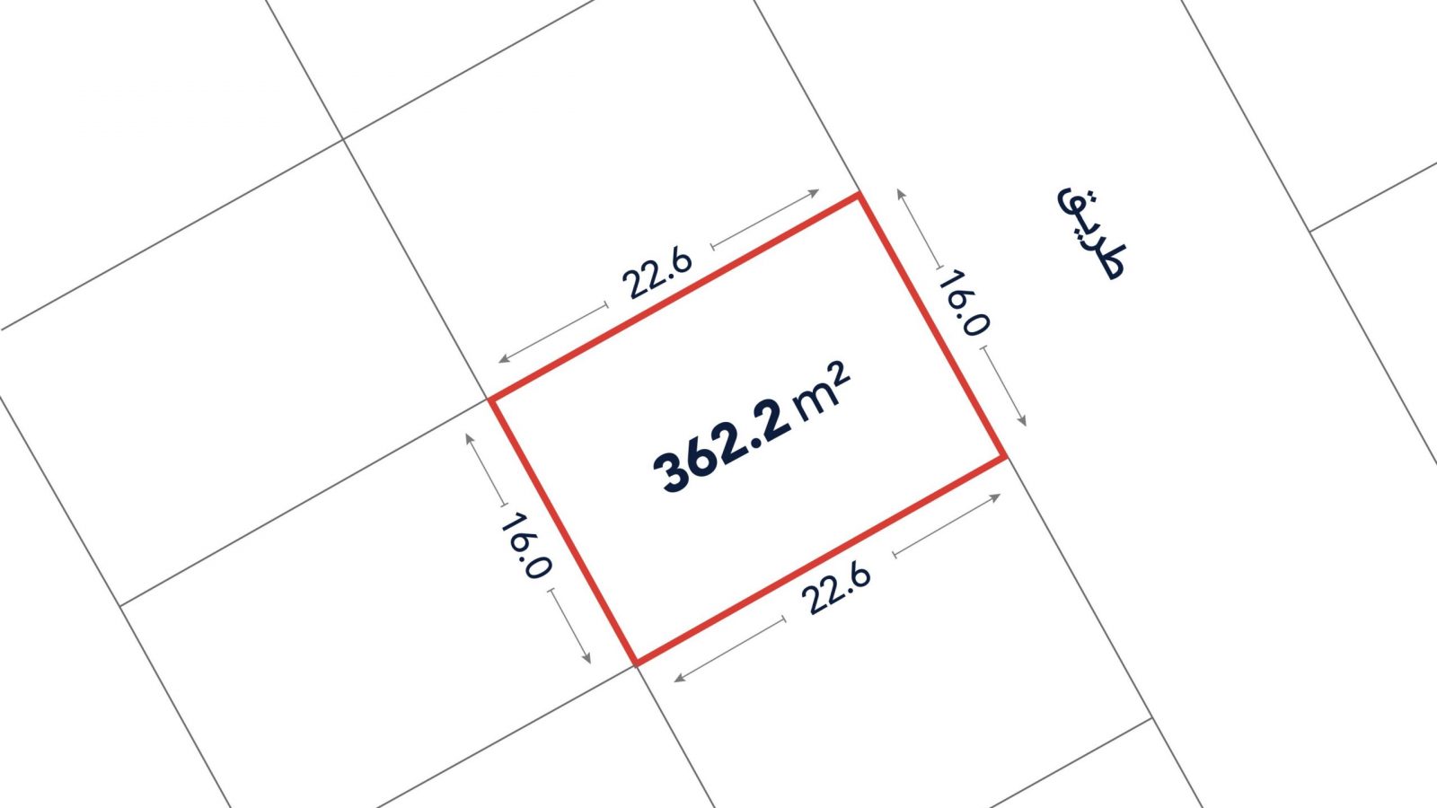 A rectangular plot outlined in red, labeled 362.2 m², with side lengths of 22.6 m and 16 m; adjacent to a street labeled in Arabic.
