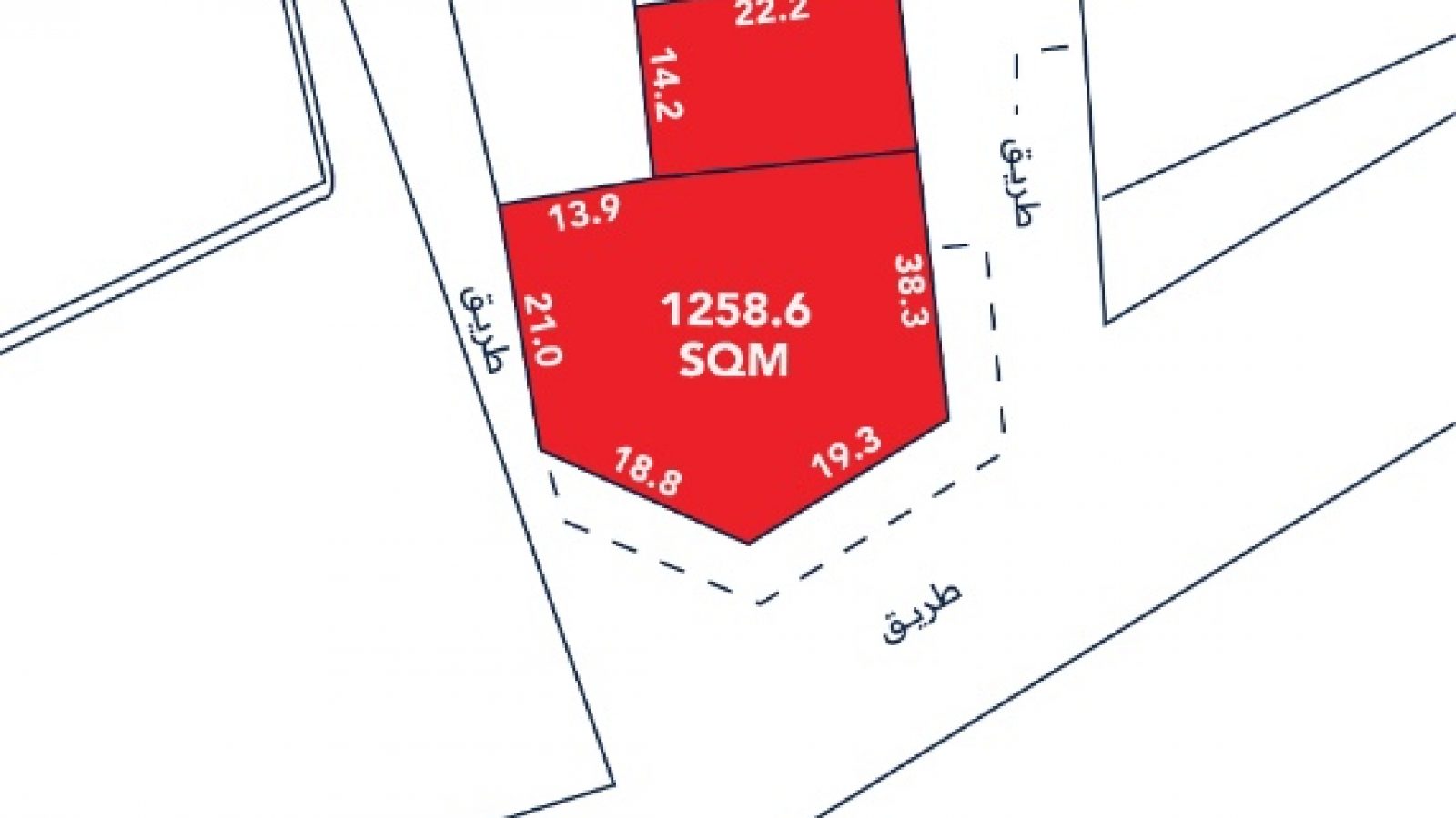 A highlighted land plot labeled 1258.6 SQM is shown on a site map, with surrounding roads and plot boundary lengths marked in meters.