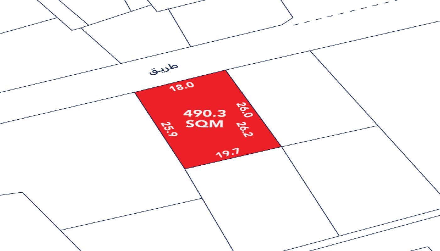A plot map highlights a rectangular red lot labeled "490.3 SQM" with side lengths 18.0, 19.7, 25.9, and 26.2 meters, adjacent to a road labeled "طريق" (Arabic for "road").