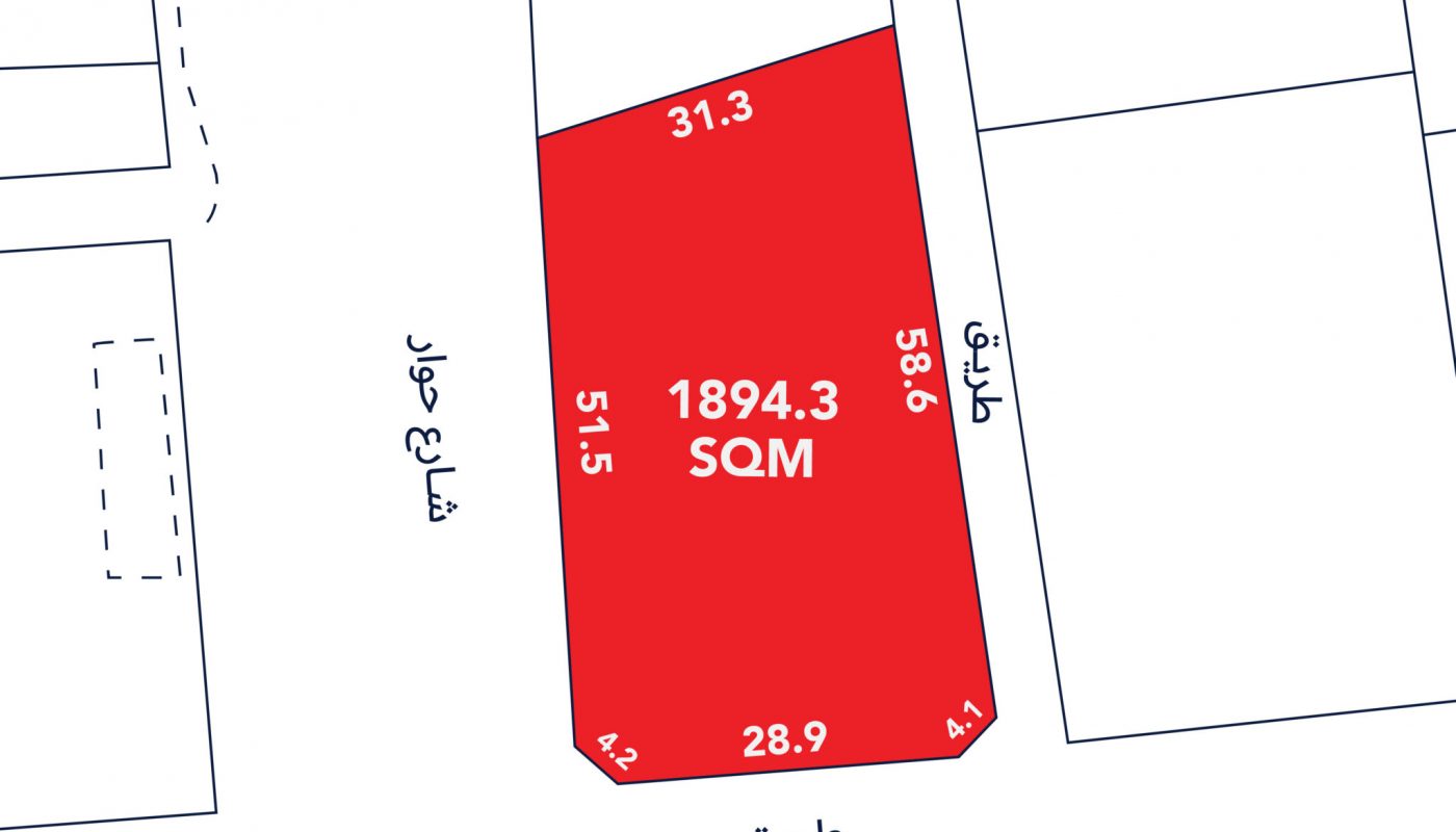 Prime Residential Land for Sale in Askar A map diagram of a red plot labeled "1894.3 SQM" in Askar, with side lengths 31.3, 58.6, 4.1, 28.9, and 51.5 meters—this prime residential land is bordered by streets on three sides and is now available for sale.
