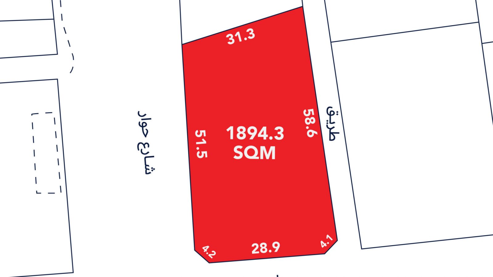 Prime Residential Land for Sale in Askar A map diagram of a red plot labeled "1894.3 SQM" in Askar, with side lengths 31.3, 58.6, 4.1, 28.9, and 51.5 meters—this prime residential land is bordered by streets on three sides and is now available for sale.