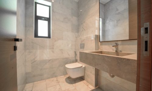 An opulent bathroom with marble walls and a sink in a luxurious villa.