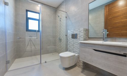 A modern bathroom with a glass shower stall and toilet in a fancy 5BR villa for sale.